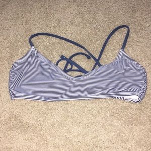 Navy and white striped bathing suit top.